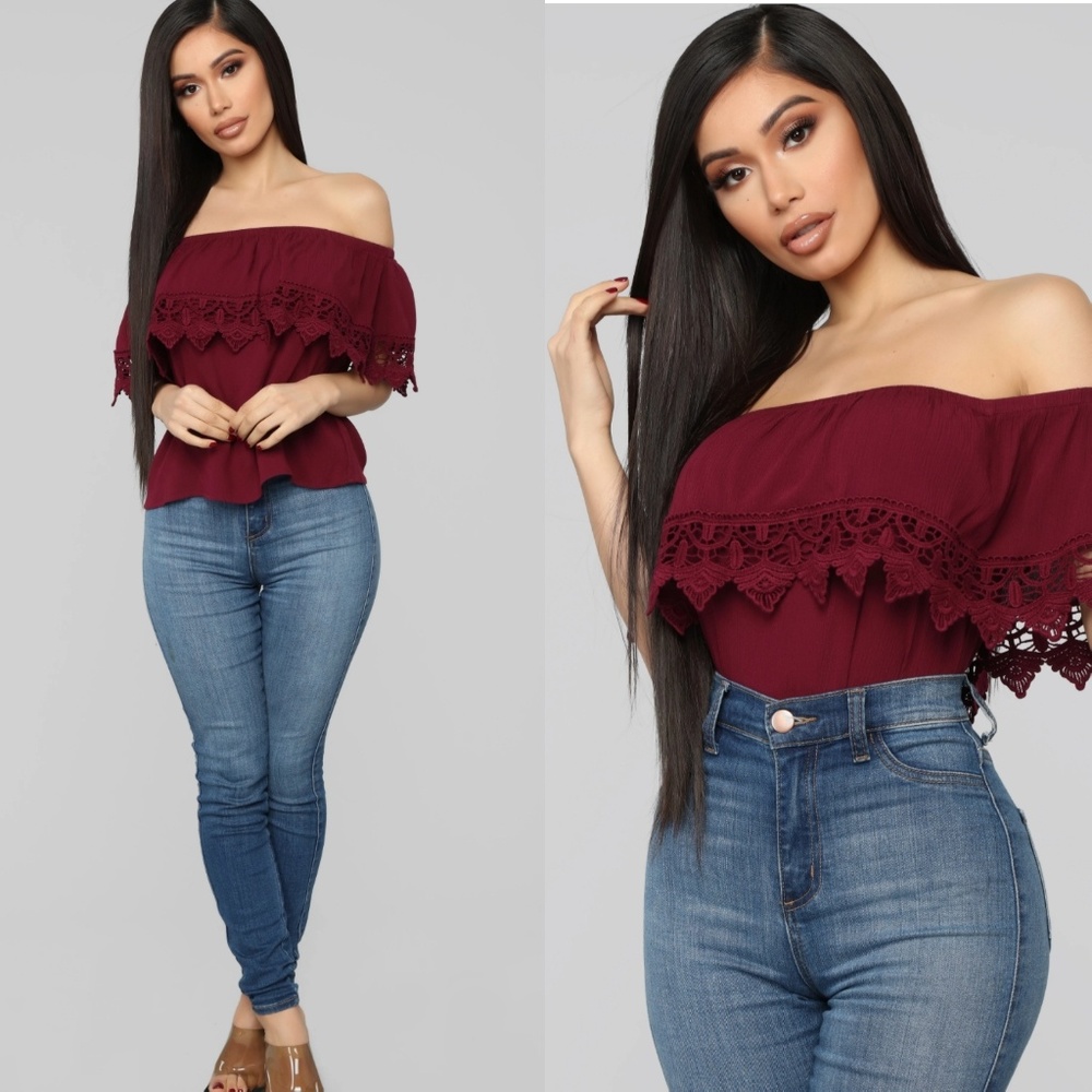 Fashion Nova Crotchet Off Shoulder Top | Burgundy